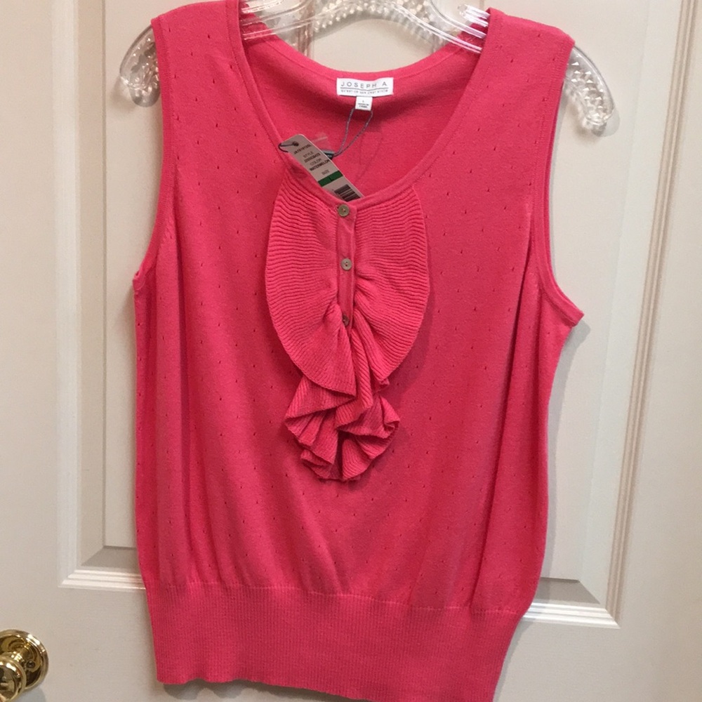 “NWT” Coral Pink Sleeveless Ruffle Front Top with Pointelle Pattern